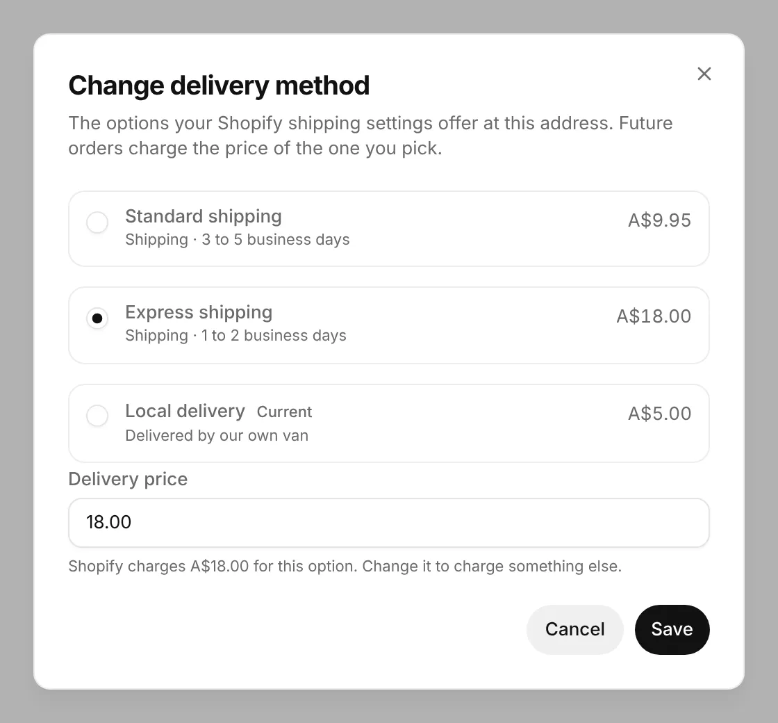 The Change delivery method dialog. Standard shipping A$9.95, Express shipping A$18.00 (selected) and Local delivery A$5.00 (Current), with a Delivery price field set to 18.00