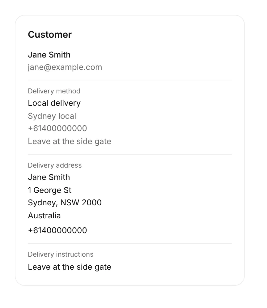 The customer card on a subscription, showing Local delivery, Sydney local, the phone number and the delivery instructions