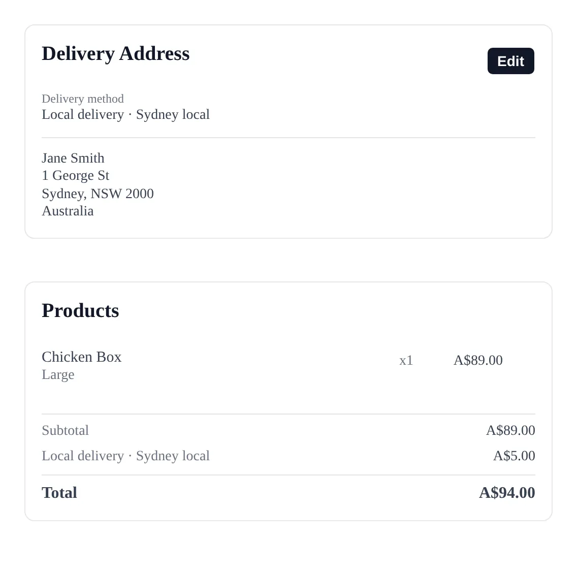 The customer portal. The Delivery Address card shows Delivery method: Local delivery, Sydney local above the address, and the totals show Local delivery, Sydney local, A$5.00