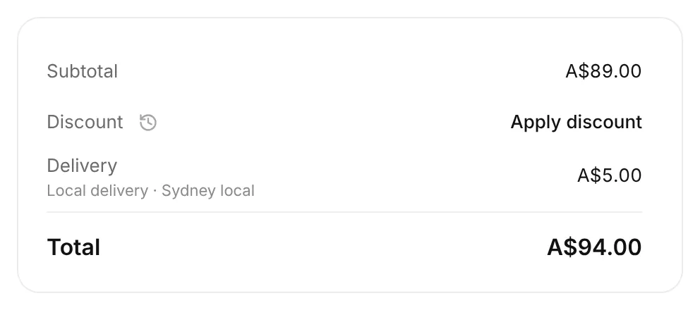 The order totals on a subscription. The Delivery row reads Local delivery, Sydney local, A$5.00