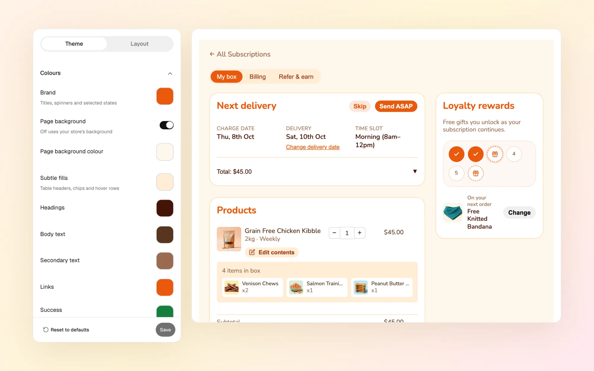 The customer portal editor in Gro, with theme colours on the left and a live preview of an orange portal with custom tabs and real products