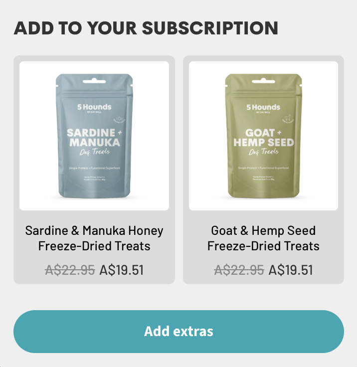 "Have you considered" upsell panel - product tiles with discounted prices and an "Add extras" CTA.