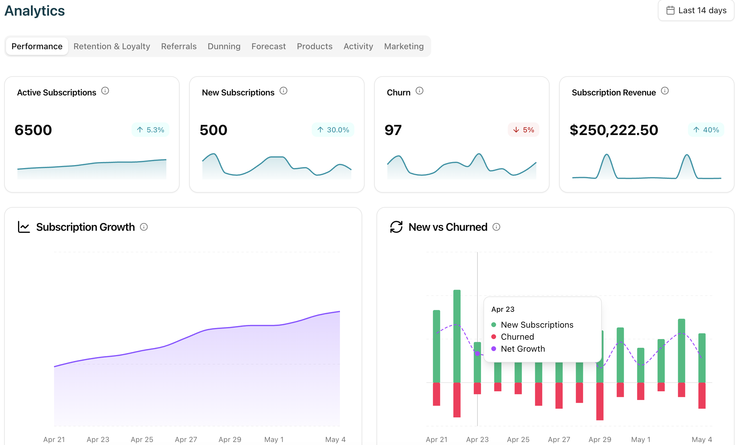 Analytics dashboard - active subscriptions, new subscriptions, churn, revenue, subscription growth chart, new vs churned chart.