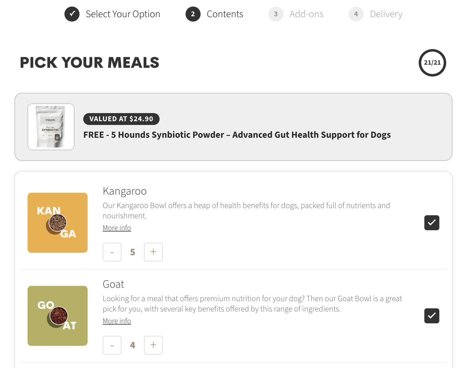 Build-a-box customer flow - 4-step header (Select Option, Contents, Add-ons, Delivery), free Synbiotic Powder banner, Kangaroo and Goat product rows with quantity steppers.