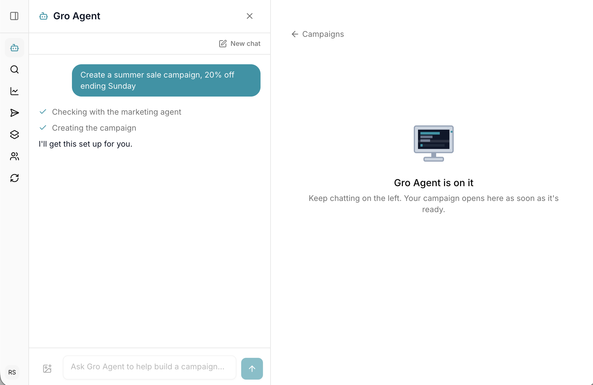 Gro Agent open in the dashboard next to the Create a campaign screen, offering to build a summer sale campaign, a welcome series or a re engagement email.