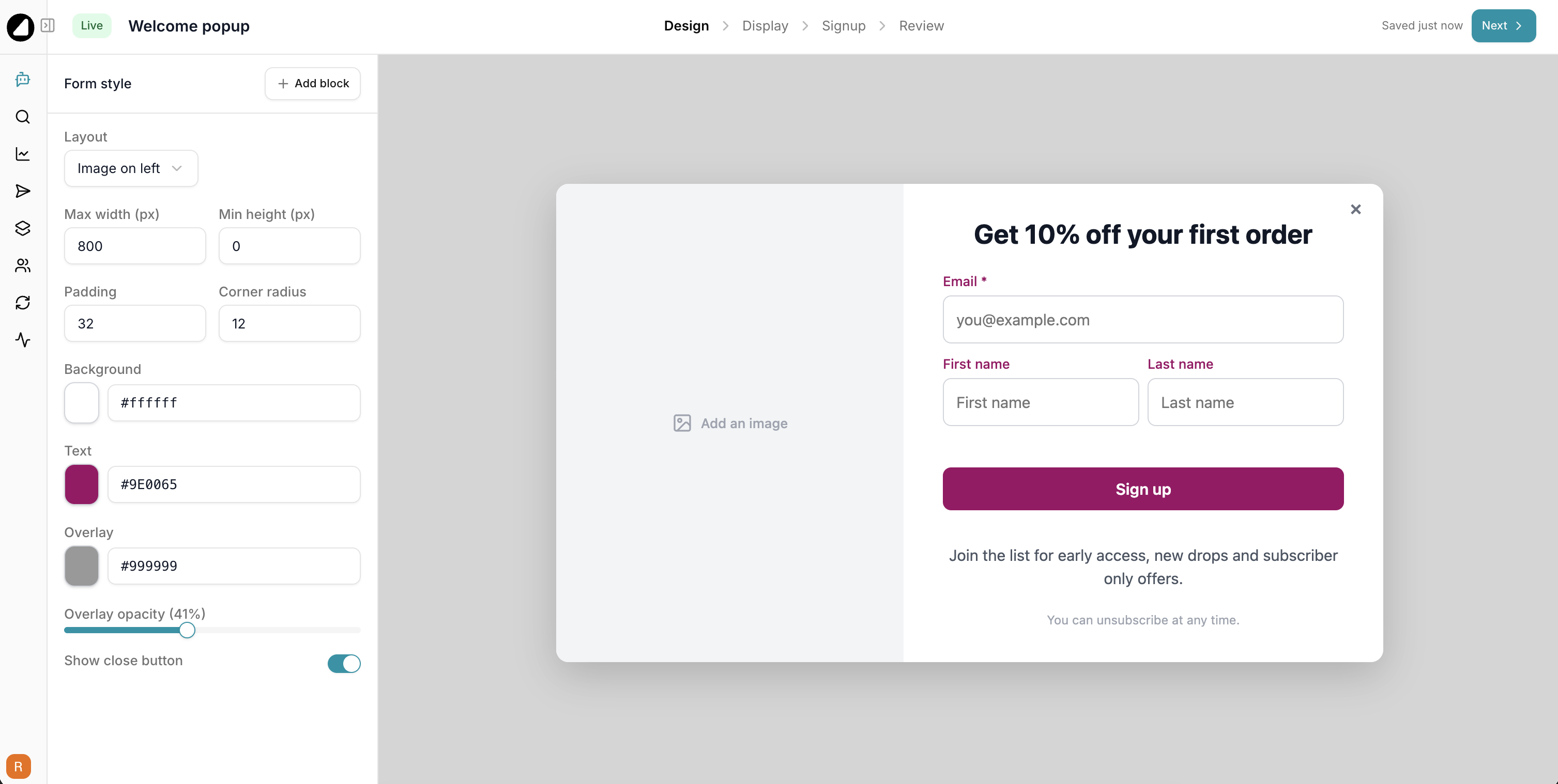 The Gro form editor showing a Welcome popup in the image on left layout. A form style panel sits on the left, and the live preview shows a Get 10 percent off popup with an email field and first and last name fields side by side.