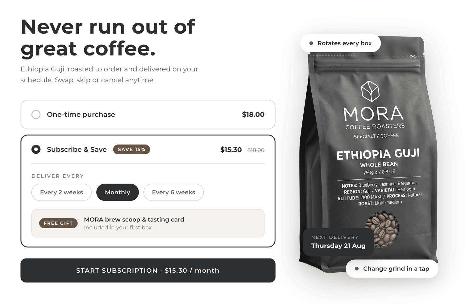 Coffee subscription for MORA Coffee Roasters in Gro: subscribe and save, delivery schedule and next delivery date