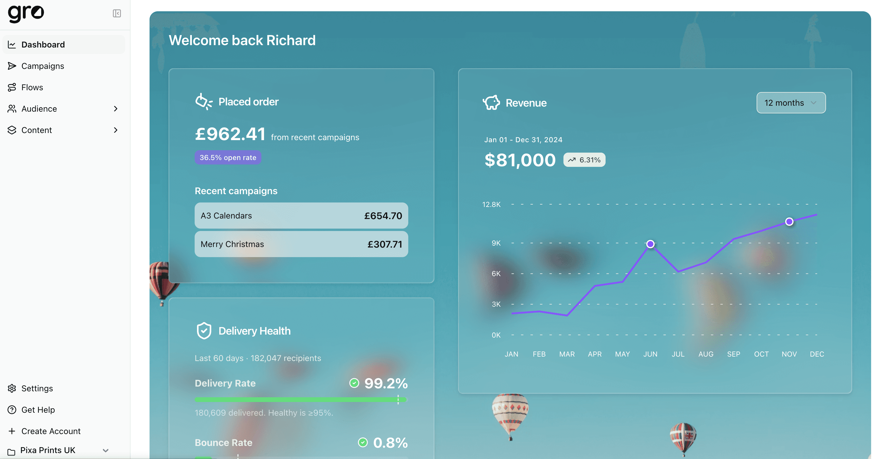 Gro dashboard showing email campaigns and analytics