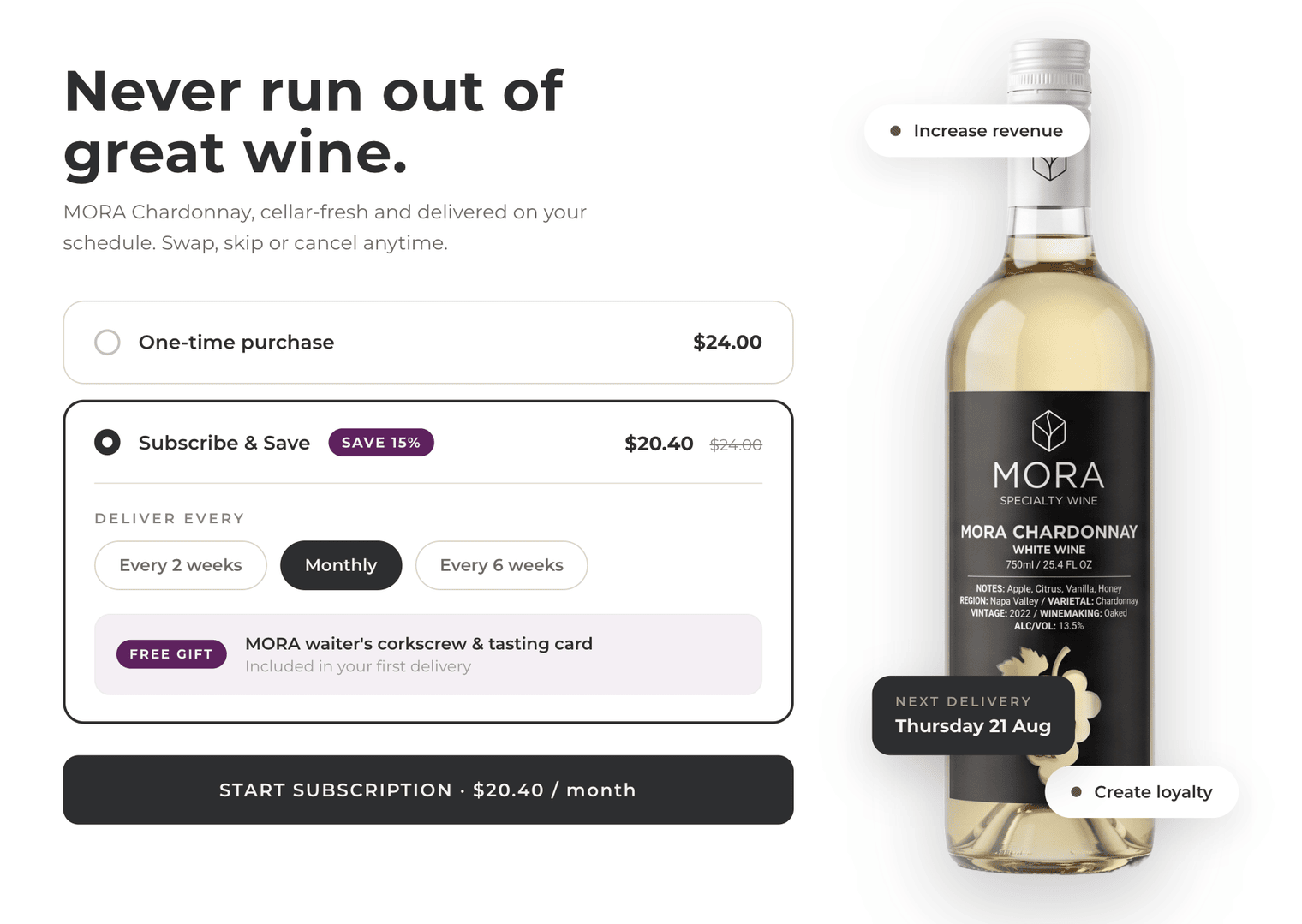 Wine subscription for MORA Specialty Wine in Gro: subscribe and save, delivery schedule and next delivery date