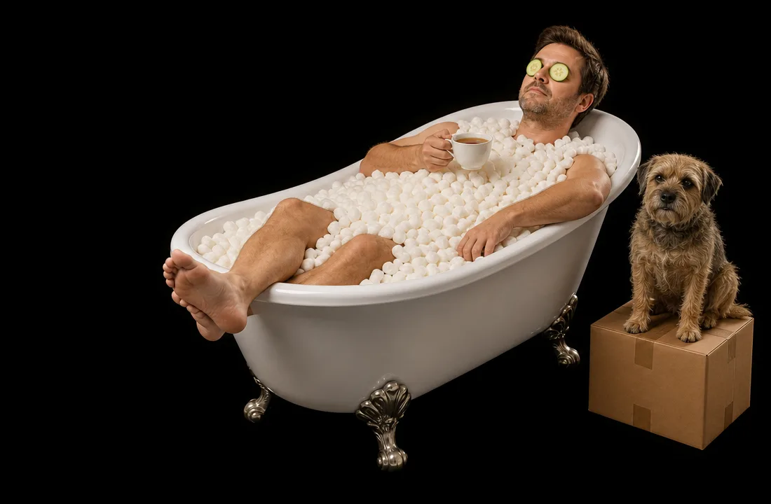 A store owner relaxing in a bath of packing peanuts with a cup of tea, their dog guarding a box