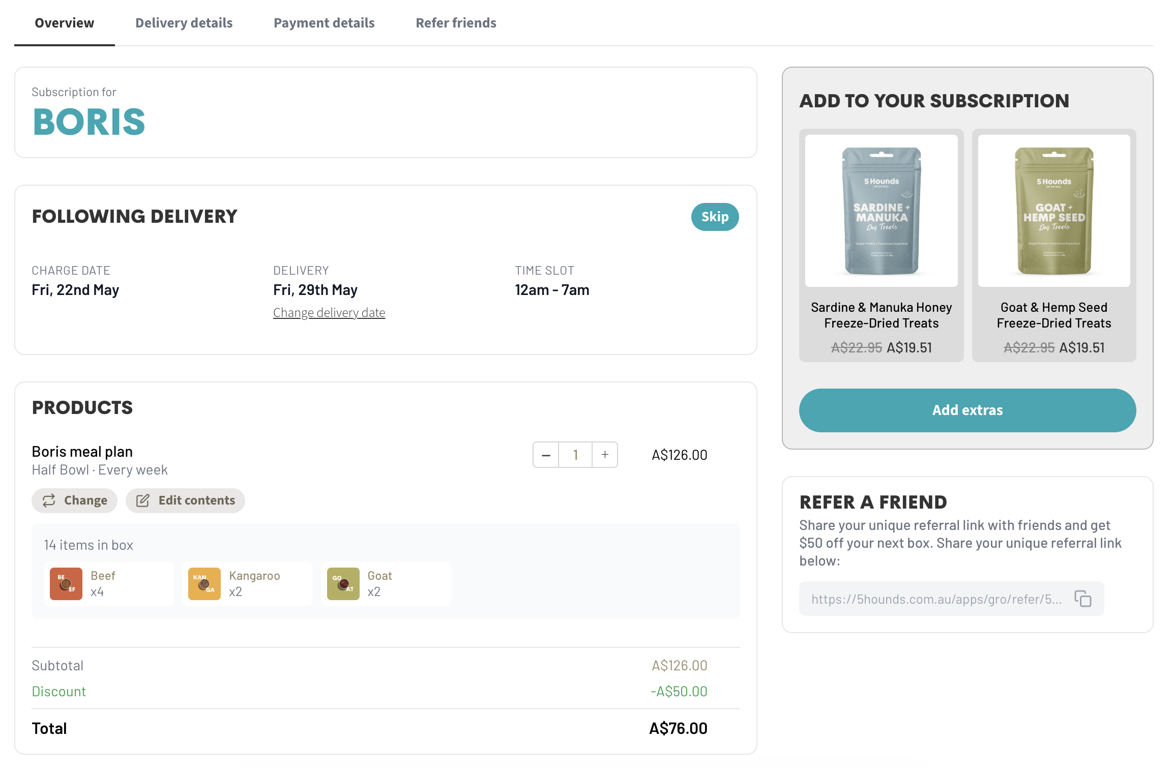 Customer subscription portal - BORIS subscription with delivery details, products, add-to-subscription panel, and refer-a-friend section.