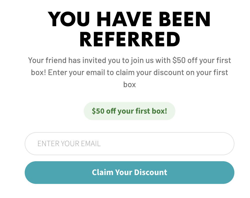 Referred-friend landing page showing "you have been referred" with $50 off offer and email capture.