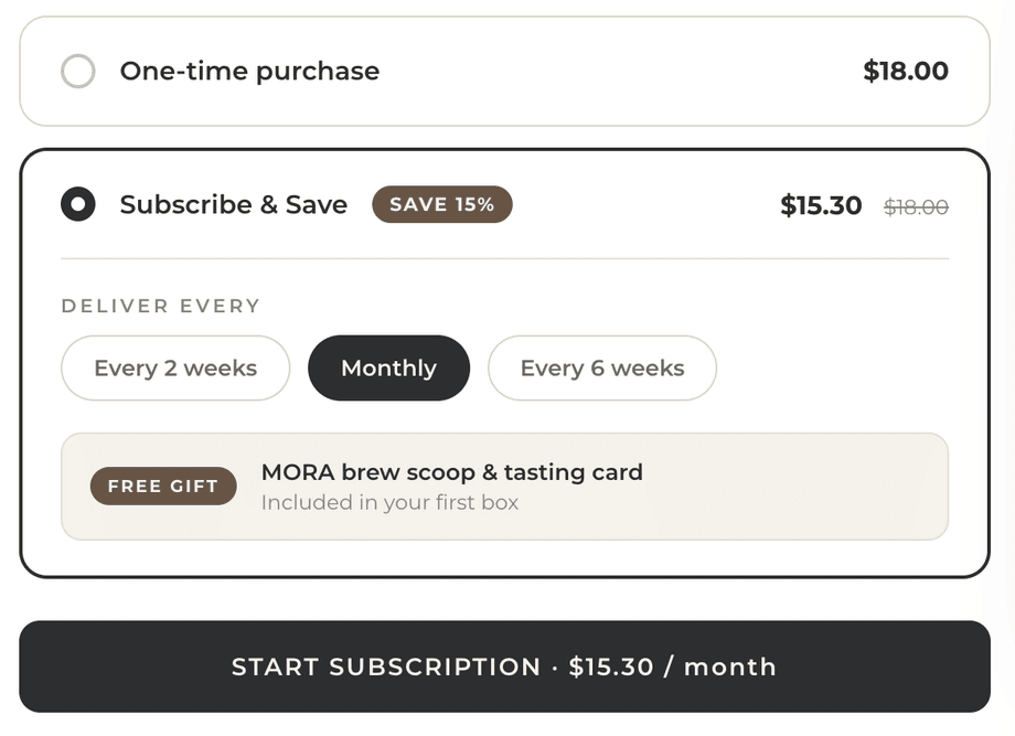 Subscribe & Save widget: 15% off, monthly delivery, free gift included.