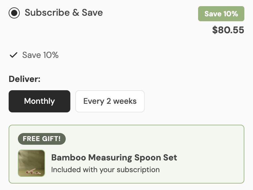 Subscribe & Save widget — 10% off, monthly delivery, free gift included.